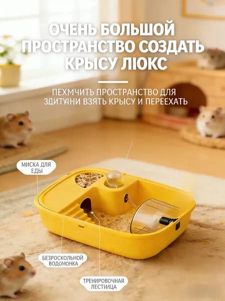 GEALFIS Клетка для хомяка акриловая 35x25x18 см, вентилируемая с климат контролем, модульная с дополнительными этажами, желтая, 1 шт