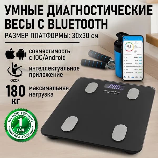 MARTA Умные весы напольные Smart Scale диагностические, с синхронизацией с телефоном Bluetooth, индикатор температуры, max 180кг, 30x30 см, серый графит