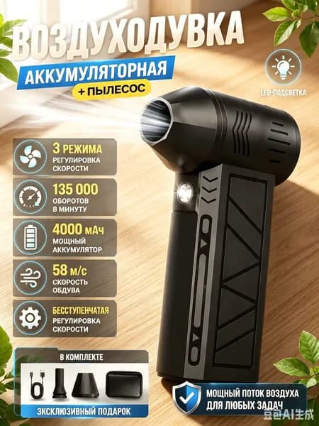 воздуходувка мощная аккумуляторная, ручной пылесос , 4000 мАч, 2 насадок, 3 режима, c защитным кейсом и TYPE-C