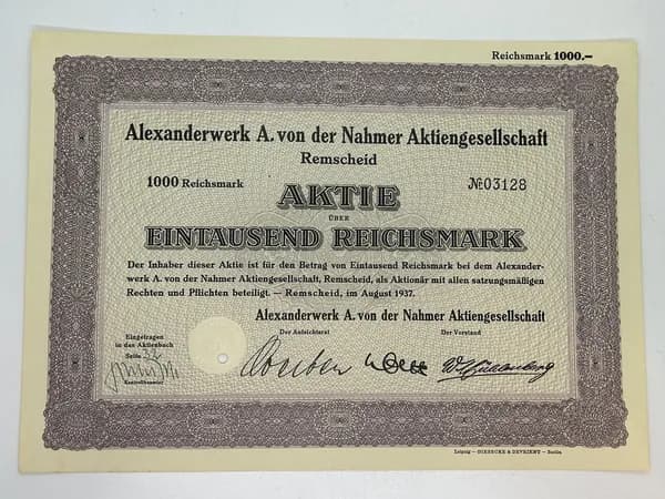 Акция Германия. Производство бытовой техники Alexanderwerk Ремшайд, 1000 рейхсмарок 1937 год. №44