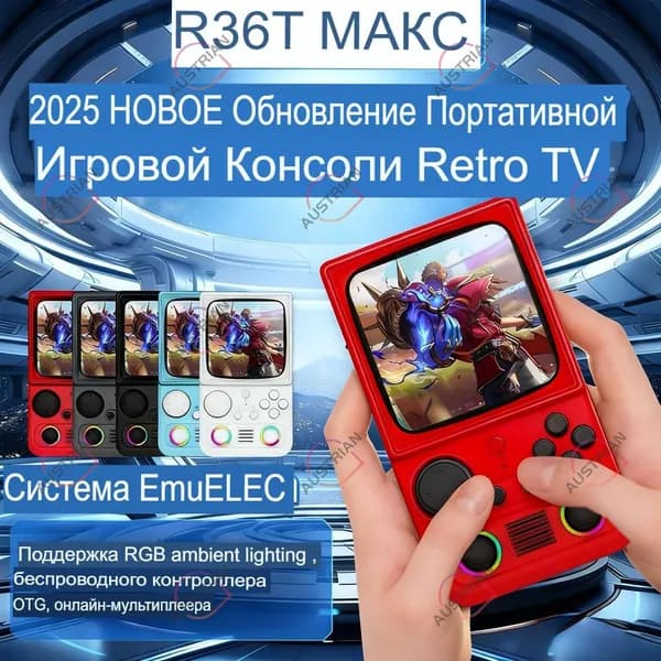Эксклюзивный портативный ретрогаджет R36T MAX от AISLPC, оснащенный 4,0дюймовым ЭЛТдисплеем, аккумулятором 4000 мАч и накопителем 64G, поддерживающий WiFi, представлен в цветовых вариантах.