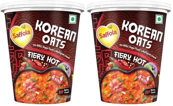 Saffola Корейские Куппа Овсянка, Огненный, с соусом из красного перца, без сохранителей, готовится за 4 минуты, 56 г Пакет из 2 - .- .- с из .- .- за