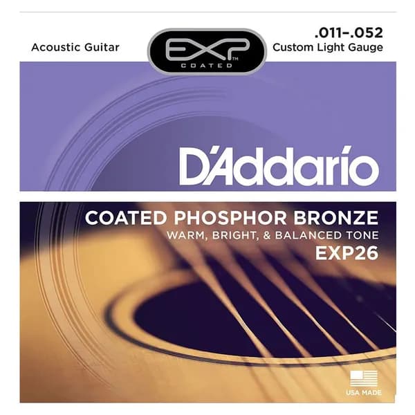 D'Addario EXP26 - PHOSPHOR BRONZE NY Steel Струны акустической гитары из люминофорной бронзы с покрытием, Custom Light 11-52, из нержавеющей стали для прочности и стабильности тона