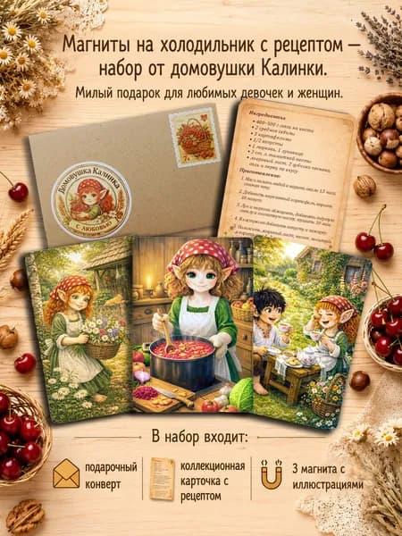 Магниты на холодильник с рецептом - набор № 4 "Борщ" от домовушки Калинки