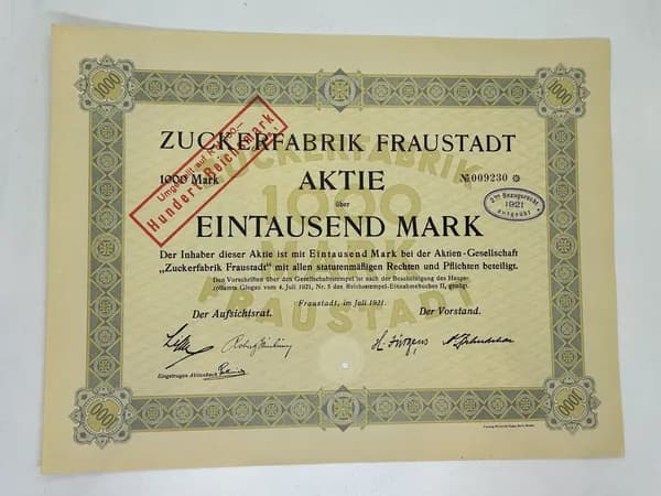 Ценная бумага Германия Сахарный завод FRAUSTADT, 1000 марок 1921 год. Редкая