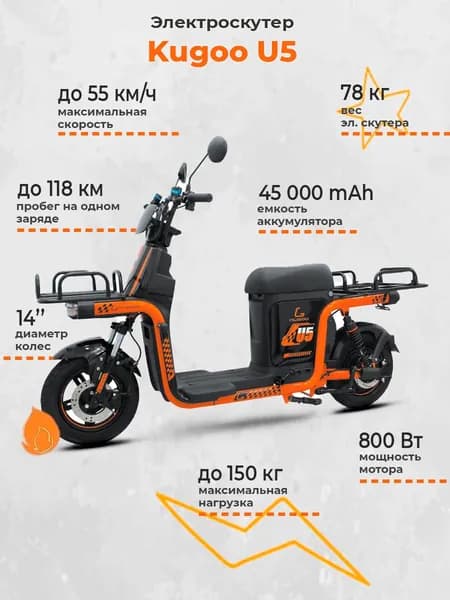 Электроскутер для взрослых Kugoo U5 (2025 года, 800W, 45000 мАч, 60V)