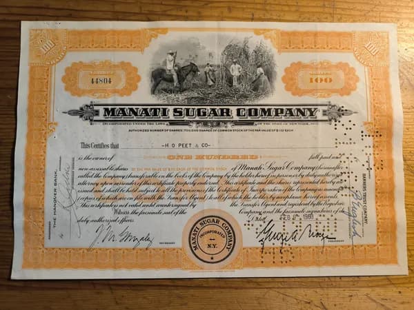 Облигация Сахарной компании Манати. 1960 г.
