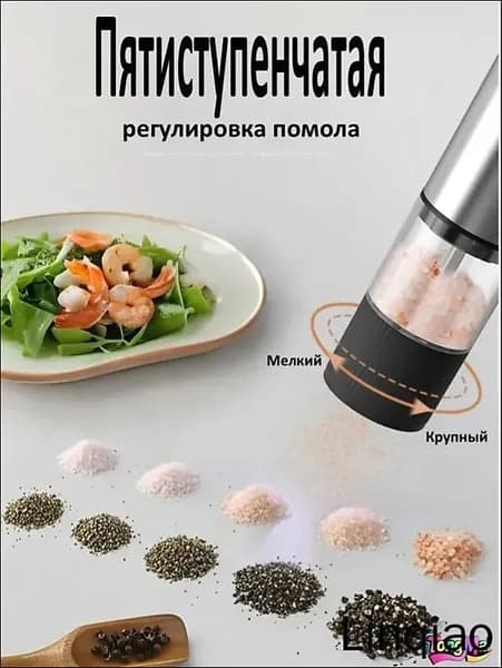 Электрическая мельница для перца и специй с керамическим жерновом, USB Type-C зарядка, регулировка помола, прозрачный контейнер
