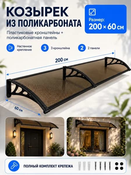 Козырек над крыльцом, для дома усиленный, Навес над крыльцом,Пластиковый кронштейн 200X60CM