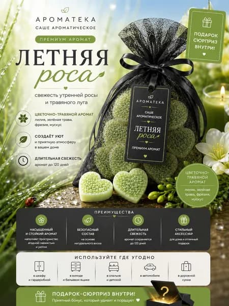 Ароматической саше для белья в шкаф, для дома АРОМАТЕКА летняя роса