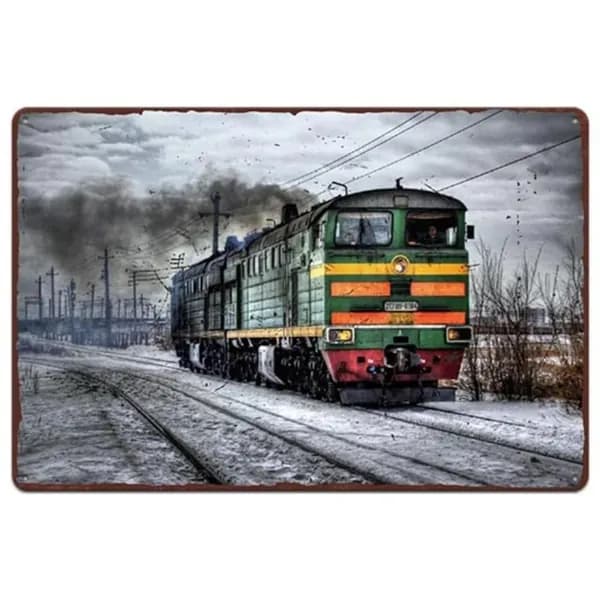 Металлический постер на стену, классические поезда и железнодорожные пейзажи, декор гаража и дома