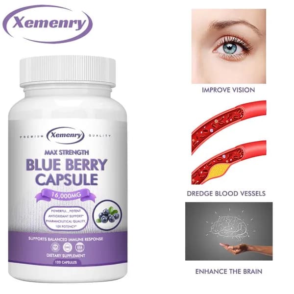 Капсулы Xemenry Maximum Strength со вкусом черники - 16000 мг - помогают поддерживать здоровье зрения и способствуют сбалансированному иммунному ответу.