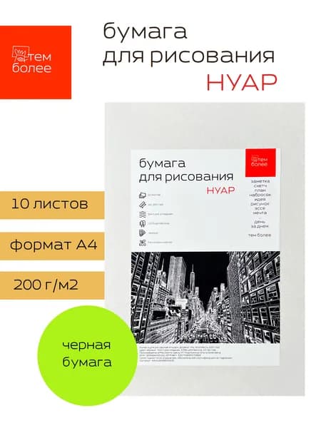 Бумага для рисования Нуар, формат А4, черная, гладкая, 200 г/м2, 100% целлюлоза, 10 листов