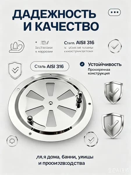 Решетка вентиляционная металлическая, круглая, регулируемая с задвижкой для бани, нержавеющая сталь, 125 мм.