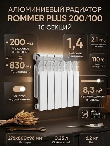 Радиатор алюминиевый Rommer Plus 200/100 10 секций, боковое подключение, белый