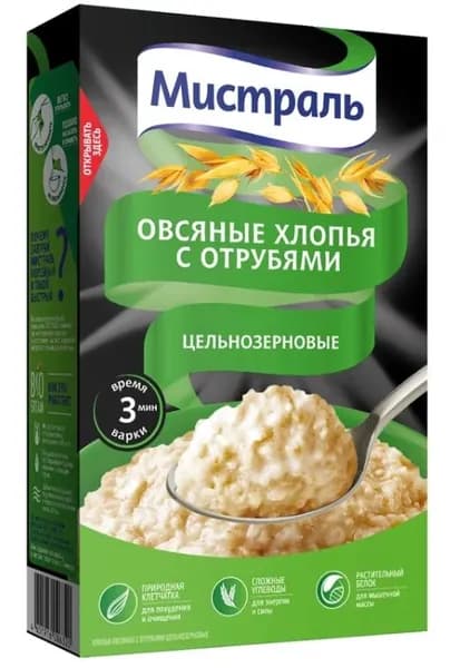 Мистраль Хлопья овсяные с отрубями, цельнозерновые, 400 г