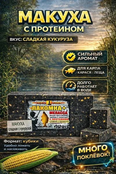 Макуха ""Сладкая кукуруза" 10 кубиков прессованная кубики с протеином и мелассой, прикормка для карпа, карася, леща