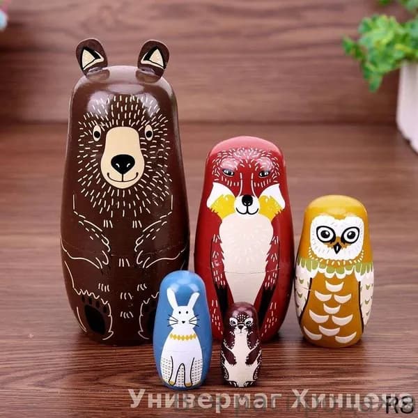 Деревянная матрешка 5 слоев медведь