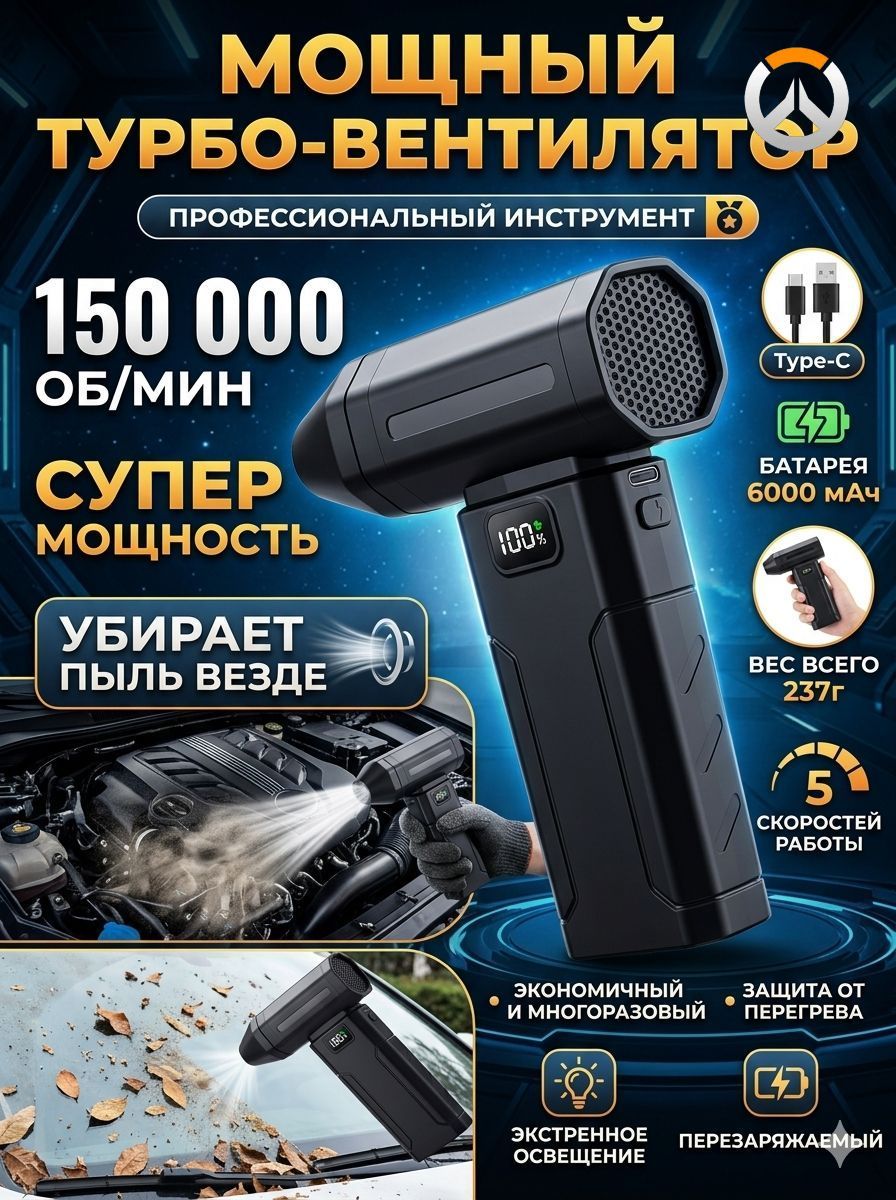 Воздуходувка - пылесос портативная аккумуляторная, Ветродуйка с функцией пылесоса / Воздуходувка для компьютера, Турбовентилятор