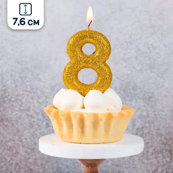 Свеча для торта Цифра 8, с блестками, золотая, 7,6 см