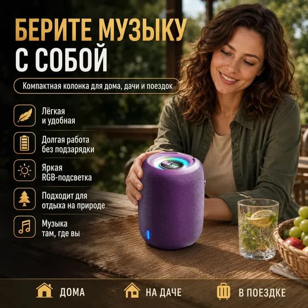 Компактная Bluetooth колонка с 360 звуком, мощным басом и RGB-подсветкой Беспроводная портативная акустика Hi-Fi Поддержка Bluetooth / TF / USB