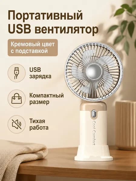 Вентилятор автомобильный, арт. Портативный складной вентилятор с USB-зарядкой, 3 скорости, для автомобиля и путешествий, цвет: кремовый, 5 Вт