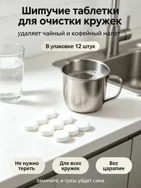 Шипучие таблетки для очистки кружек от чайного и кофейного налета, без царапин, не требуют трения, универсальное средство для стекла, нержавейки и керамики, упаковка 12 штук
