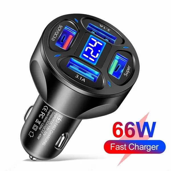 Автомобильное зарядное устройство мощностью 66 Вт с 4 USB-портами, светодиодным дисплеем и поддержкой быстрой зарядки QC 3.0.