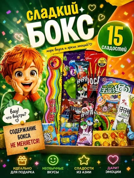 Свит Бокс набор сладостей 15 шт, азиатские сладости, китайские и японские конфеты / Сладкий подарочный бокс, подарок на день рождения ребенку, подростку, девочке (Набор №7)