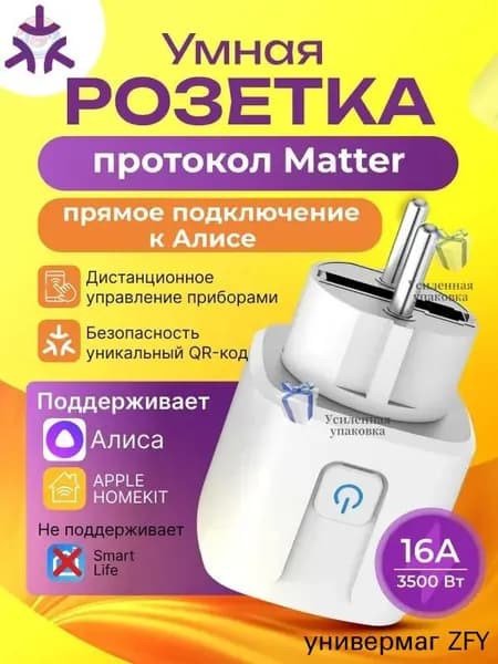Умная розетка Matter Smart Plug для умного дома, совместимая с Алиса и Google Home, управление голосом и таймером, работает без интернета, простая настройка через одно приложение