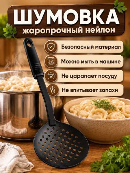 Шумовка кулинарная, жаропрочный нейлон, черная 32 см