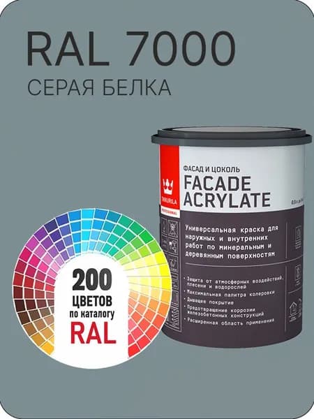 Tikkurila Facade Acrylate краска для фасадов и интерьеров цвет серая белка Ral 7000 0.9 л.