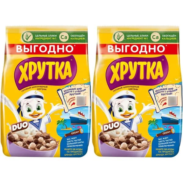 Сухой завтрак шарики Хрутка Duo мультизлаковый с шоколадом 650 г, набор: 2 штуки