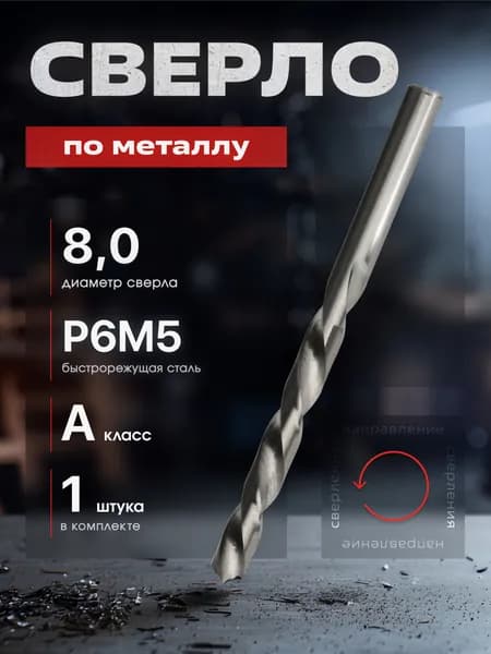 Сверло по металлу левое 8,0 мм Р6М5 ( кл. А ) ВИЗ