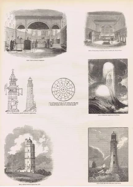 Старая Англия 336. Маяки (Норт-Фореленд и Эдистон), разрез маяка, ризница церкви Сент-Мэри-ле-Боу, зал Докторского общества. Антикварная гравюра (ксилография). Англия, 1864 год