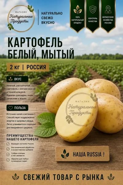 Картофель белый мытый, 2 кг, РФ рассыпчатый, для пюре и супов
