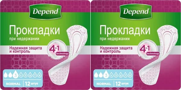Урологические прокладки Depend Normal, комплект: 2 упаковки по 12 шт