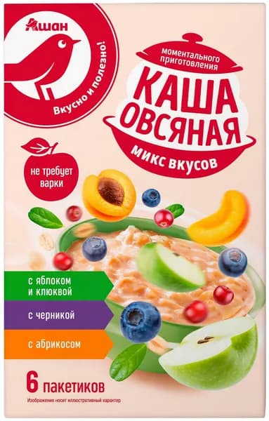 Каша овсяная АШАН Красная птица микс вкусов, 6х35 г