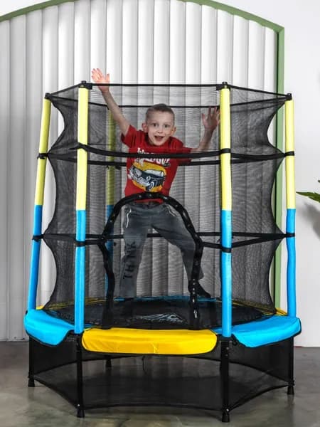 Каркасный батут DFC JUMP KIDS 55" с защитной сеткой, для улицы дома, детский спортивный комплекс, манеж диаметр 1.4 м до 45 кг, Жёлто-синий