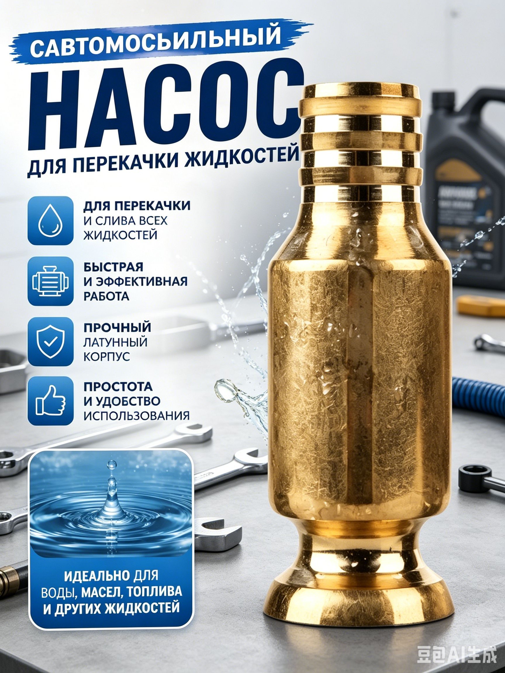 Самовсасывающий насос для перекачки топлива, масла, воды , бензина, жидкости и ГСМ диаметр 15 мм; универсальный/ медный/ для автомобиля, лодки, аквариума
