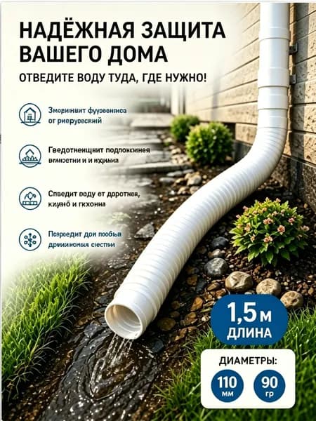 Гибкий удлинитель водостока (белый), универсальная дренажная труба с круглым соединителем до 1.5 м