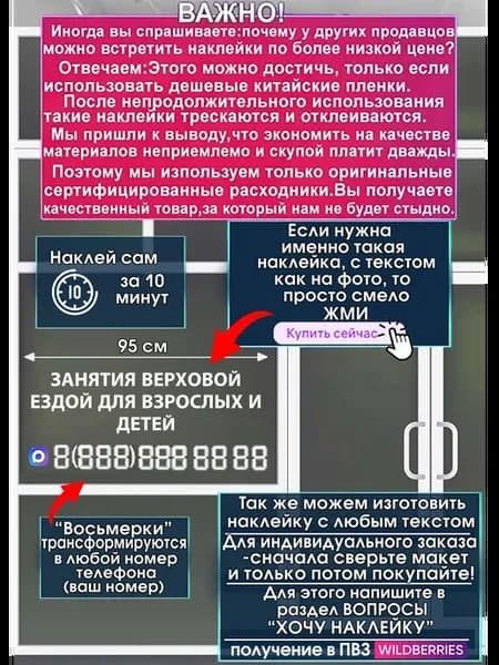 Инфо-наклейка на стекло ЗАНЯТИЯ ВЕРХОВОЙ ЕЗДОЙ ДЛЯ ВЗРОСЛЫХ