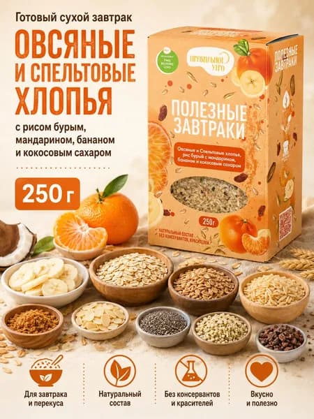 Готовый сухой завтрак Правильное утро 250 г Овсяные и спельтовые хлопья, рис бурый с мандарином, бананом и кокосовым сахаром