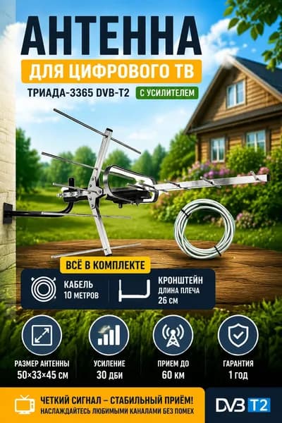 Антенна для цифрового ТВ уличная Триада-3365 DVB-T2, с усилителем. В комплекте кабель 10 метров и кронштейн