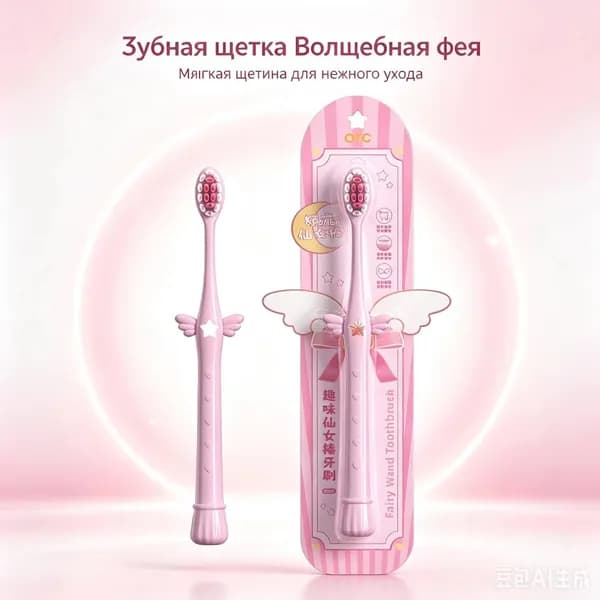 Зубная щетка для девочек Волшебная палочка фея с крыльями, сверхмягкая щетина, маленькая головка, красивая розовая ручка, индивидуальная упаковка