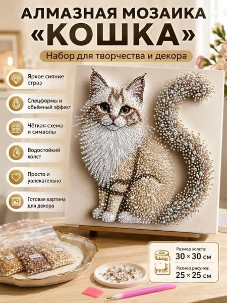 Алмазная мозаика Кошка 30х30 см, набор для творчества с стразами