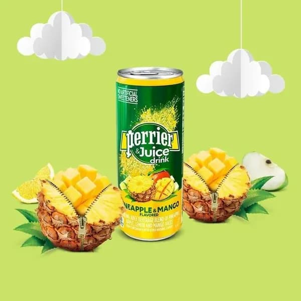 Вода минеральная Perrier (Перье) Ананас-Манго 4 шт. по 0,33 л, газированная, ж/б