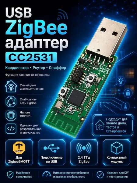 USB Zigbee адаптер CC2531 2,4 ГГц / координатор, роутер или сниффер после прошивки / для Zigbee2MQTT, Home Assistant и умного домаUSB ZigBee модуль на микросхеме CC2531, Умный Дом