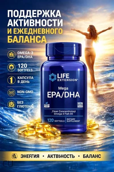LIFE EXTENSION Омега-3 Рыбий Жир Высокой Концентрации Mega EPA/DHA для Сердца, Мозга и Зрения, Без Глютена и ГМО, Ультраочи