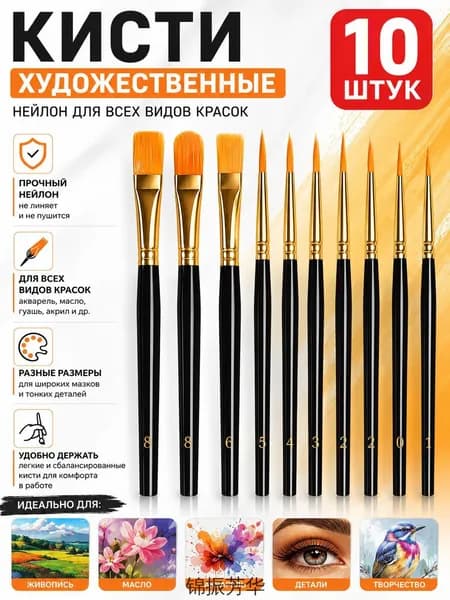 Набор кистей для рисования Ассорти  № 1/0, 10 шт.